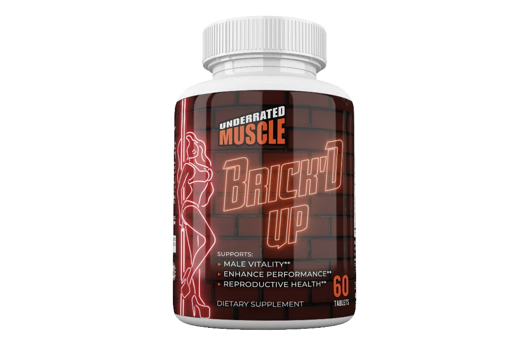 Supplement bottle labeled 'Brick'd Up' by Underrated Muscle on a white background